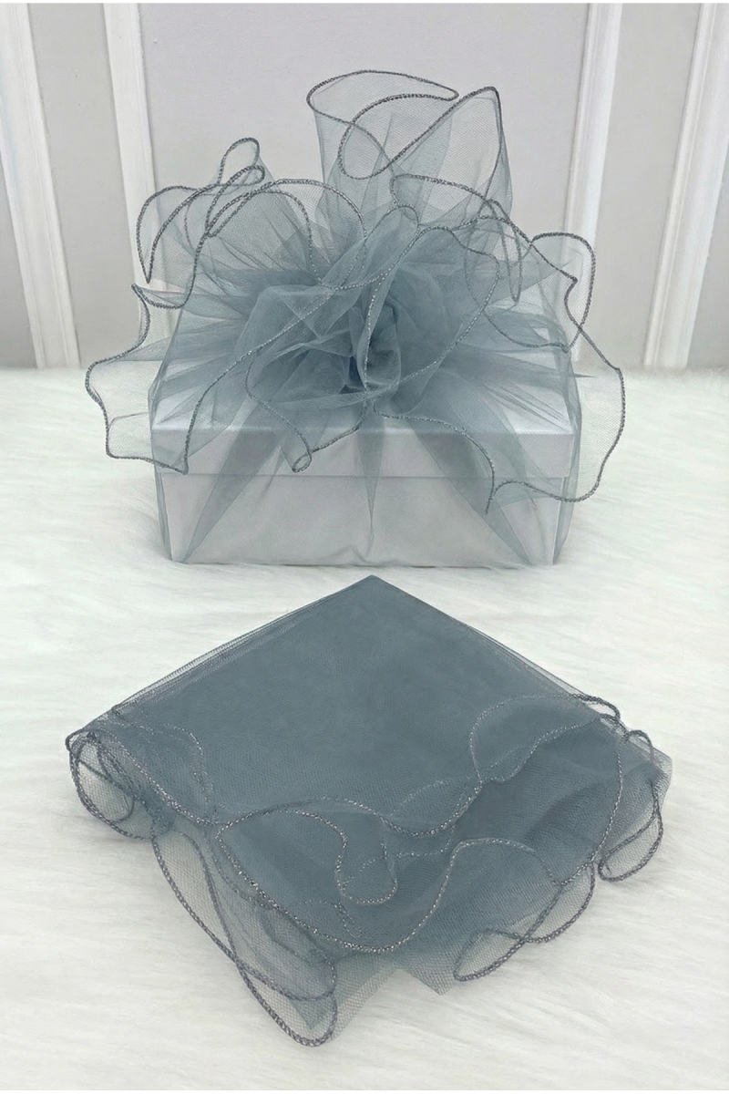 Gri Süsleme Tülü Gümüş Kenarlı, Bohça Çeyiz Gelin Damat Söz Nişan Nikah Valiz Hediye Süsü 100x100cm