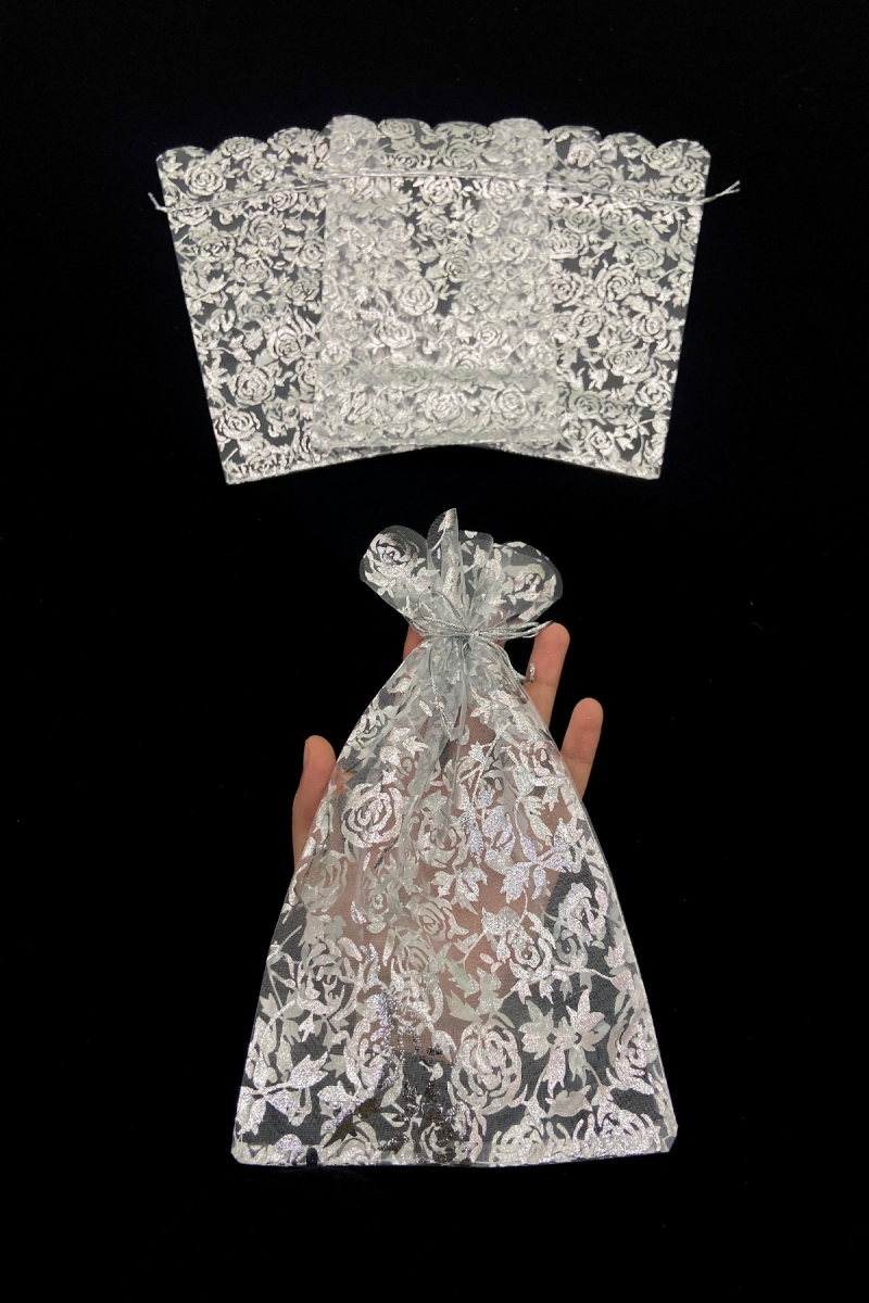 Gümüş Güllü Şeffaf Tül Kese 50 Adet Ölçü 15x27cm, Hediye Gelin Düğün Bohça Çeyiz Havlu Yasin Yazma