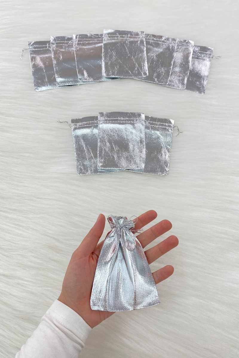 Gümüş Lame Kına Çerez Nişan Hediye Kesesi 25 Adet Ölçü 9x12cm, Nikah Düğün Bride Doğum Mevlüt Sünnet