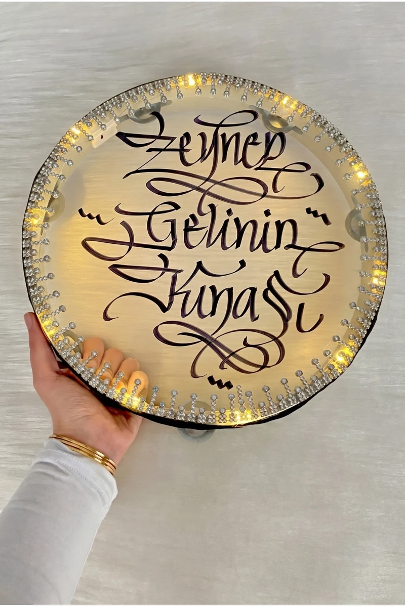 Gümüş Ledli Gelin Tefi 32cm, Parlak Sultan Taş Süslemeli Def, Düğün Kına Gecesi Nedime Bride Sünnet