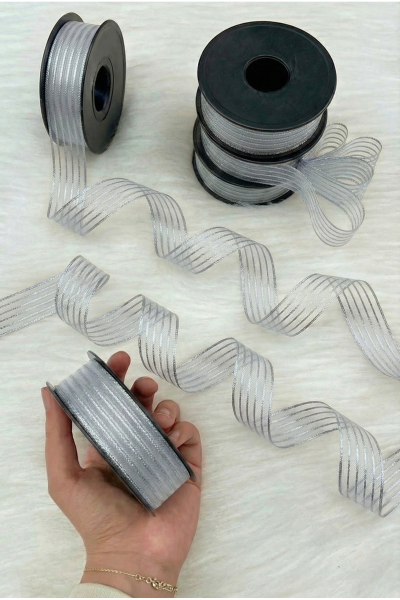 Gümüş Simli Hilton Çizgili Şifon Kurdele 2,5cm 20mt, Gelin Bohça Nişan Çeyiz Hediye Nikah Süsleme