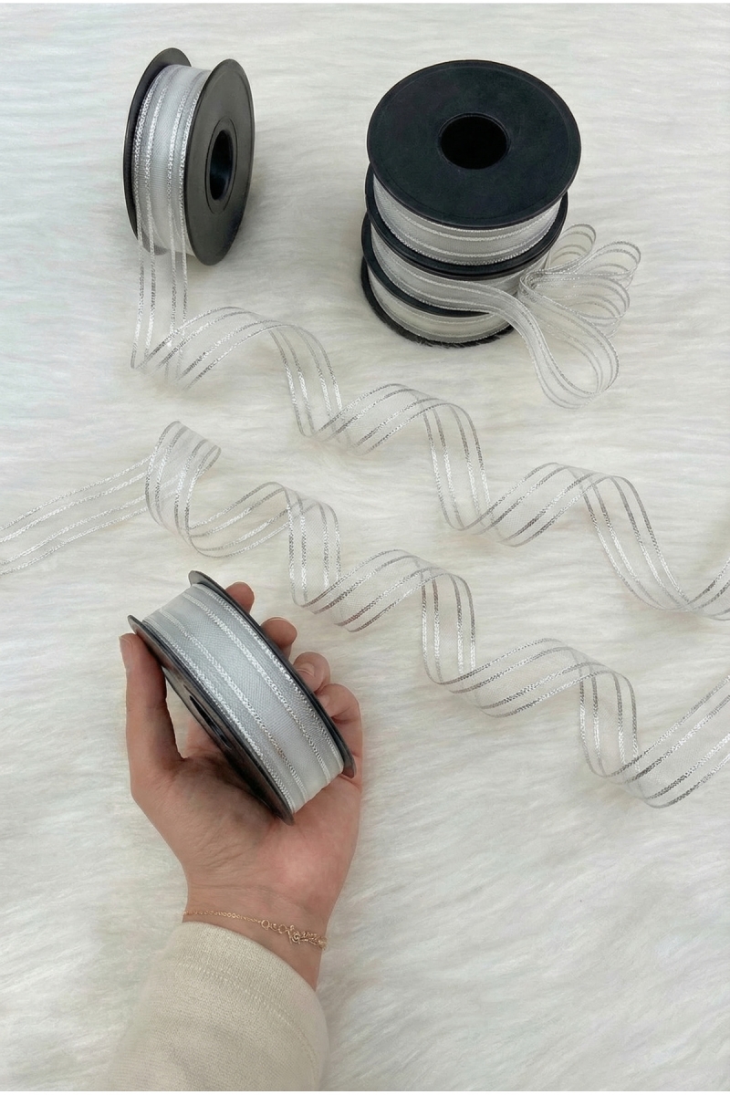 Gümüş Simli Hilton Çizgili Şifon Kurdele 2,5cm 20mt, Gelin Bohça Nişan Çeyiz Hediye Nikah Süsleme