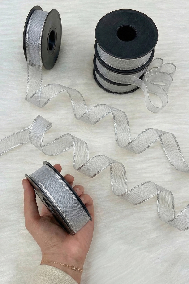 Gümüş Simli Şifon Kurdele 2,5 cm 20 mt, Gelin, Damat, Bohça, Nişan, Çeyiz, Özel Gün, Hediye, Süsleme