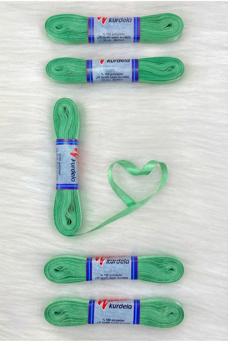 Mint Yeşil Saten Kurdele 1 Cm 10 Metre, Bohça Çeyiz Nikah Kına Sünnet Söz Özel Gün Hediye Süsleme