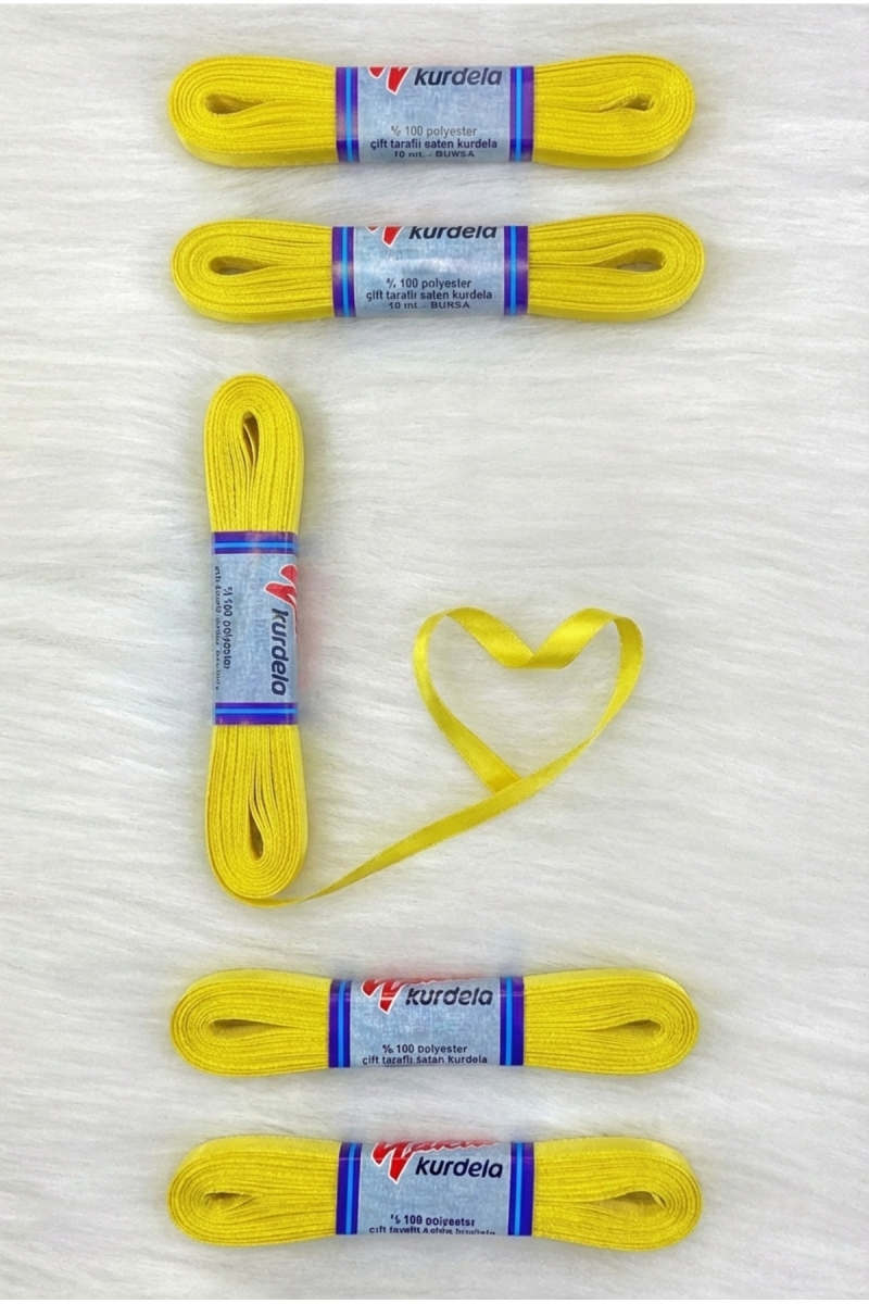 Sarı Saten Kurdele 1 Cm 10 Metre, Bohça Çeyiz Nikah Kına Sünnet Söz Özel Gün Hediye Süsleme