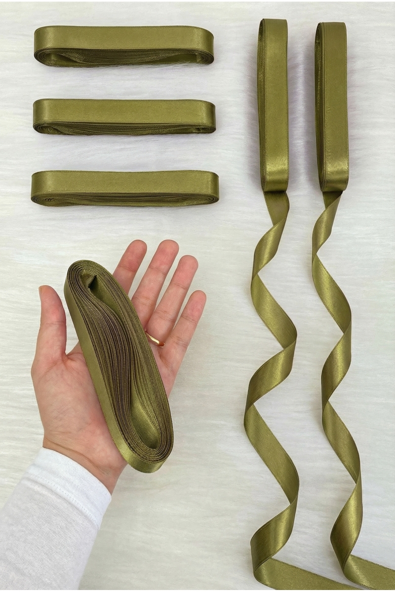 Haki Yeşil Saten Kurdele 2 Cm 10 Mt, Bohça Çeyiz Nikah Kına Sünnet Doğum Günü Parti Hediye Süsleme