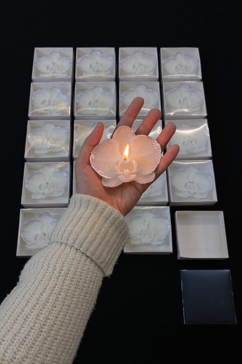 Hediyelik Orkide Mum, Düğün Nikah Nişan Söz Doğum Sünnet Kına Bride Davet, Beyaz Gümüş Kutulu 20Adet