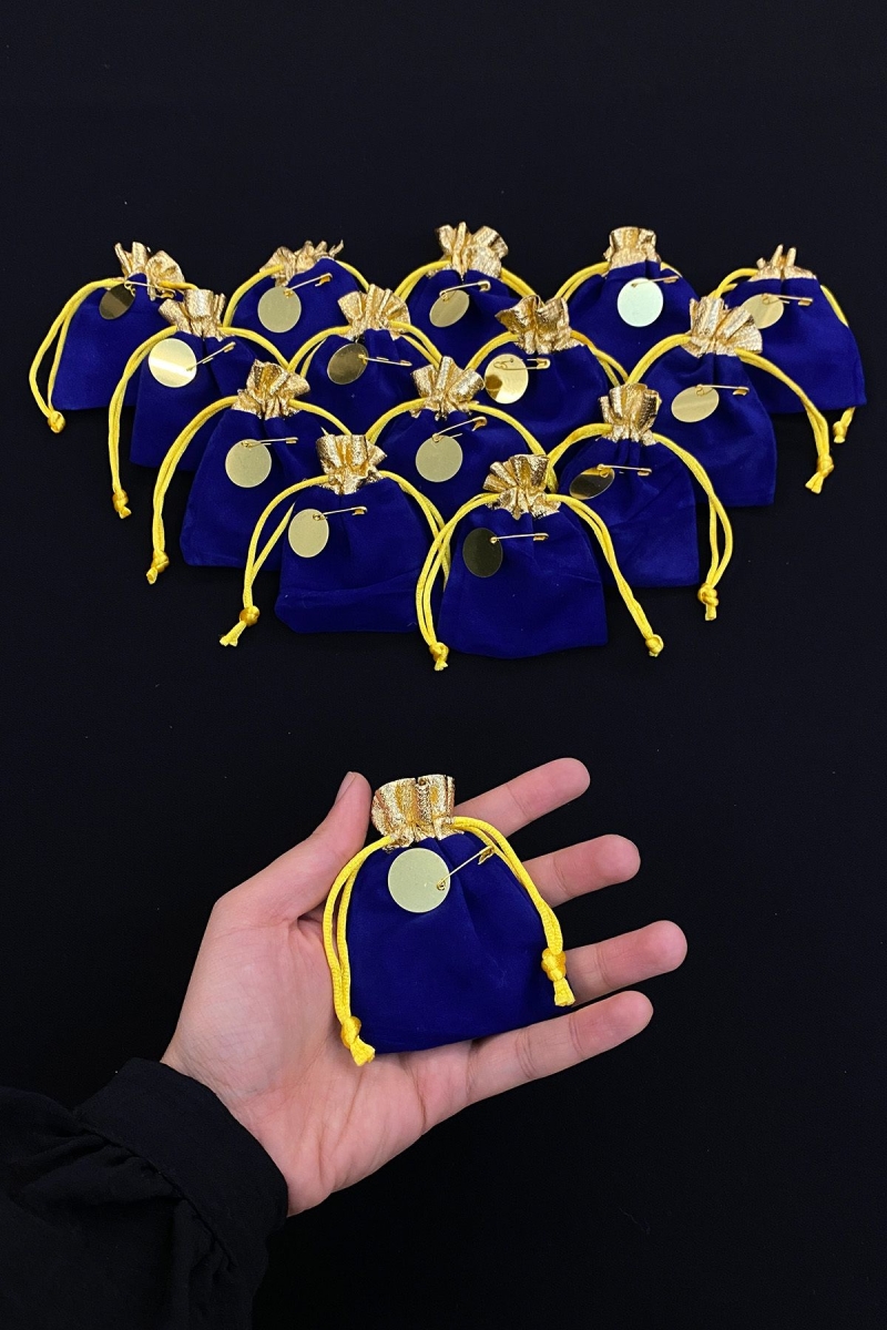 Hediyelik Saks Mavi Gold Kadife Kese, Düğün, Nişan, Nikah, Kına, Sünnet, Doğum, Söz, Kınalı 25 Adet