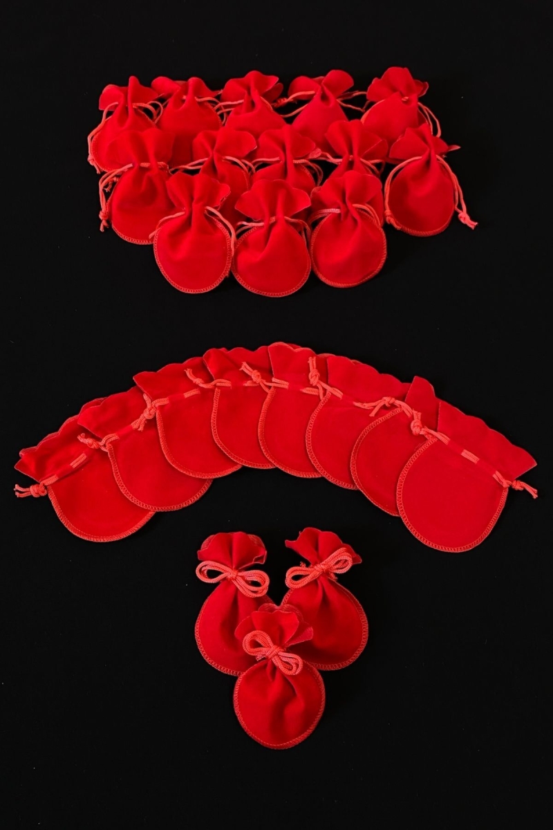 Kadife Kına Çerez Altın Takı Minik Kese Kırmızı 10 Adet Ölçü 7x9cm