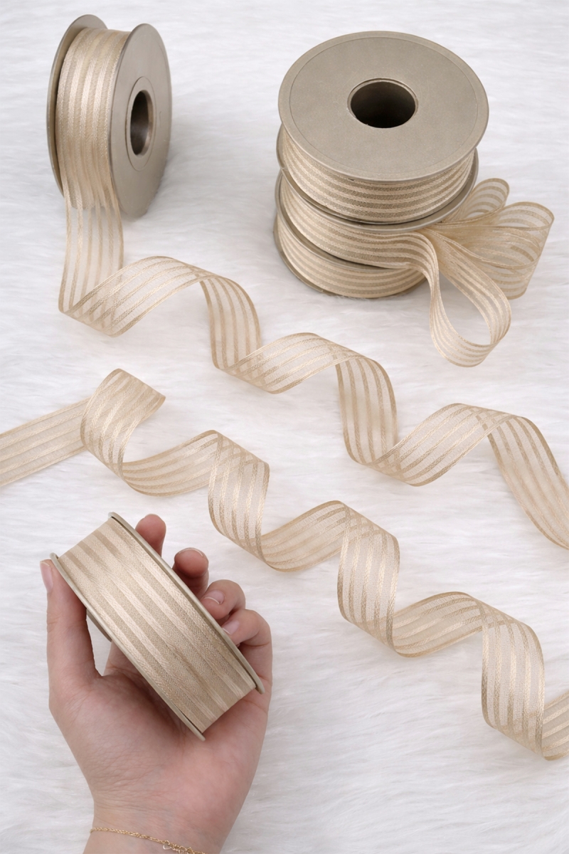 Kapiçino Hilton Çizgili Şifon Kurdele 2,5cm 20mt, Gelin, Bohça, Nişan, Çeyiz, Hediye, Nikah, Süsleme