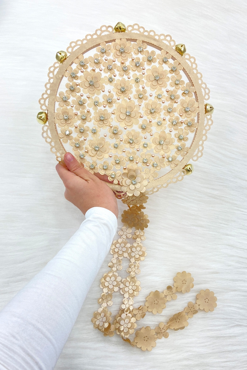 Kapuçino Çiçekli Parlak Taşlı Gelin Tefi, Düğün Kına Söz Sünnet Bekarlığa Veda Zilli 25cm, 1 Adet