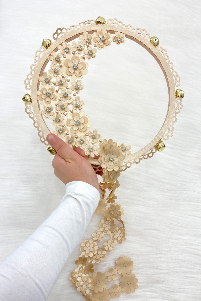 Kapuçino Çiçekli Parlak Taşlı Gelin Tefi, Düğün Kına Söz Sünnet Bekarlığa Veda Zilli 25cm, 1 Adet