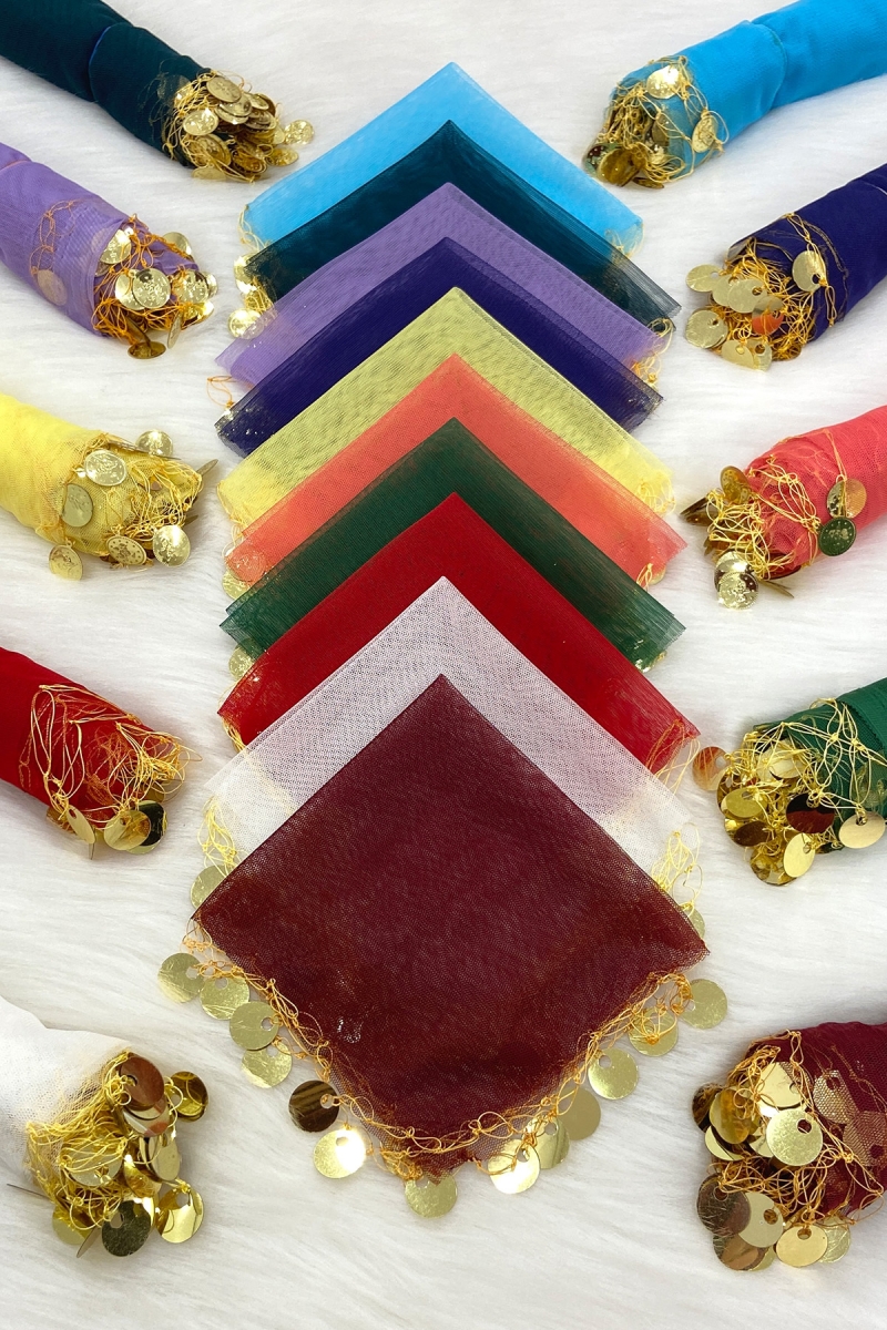 Karışık Renk Gold Pullu Tül El Halay Mendili 10 Adet, Gelin Damat Düğün Kına Sünnet Söz Nişan Bride