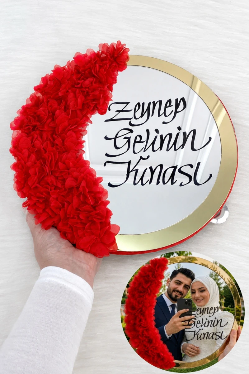 Kırmızı Aynalı Gelin Tefi 30cm, Kaligrafi Yazılı Ve Lazer Çiçek Süslemeli, Düğün Nişan Sünnet Kına Nedime Nikah Söz Bride Parti Tefi