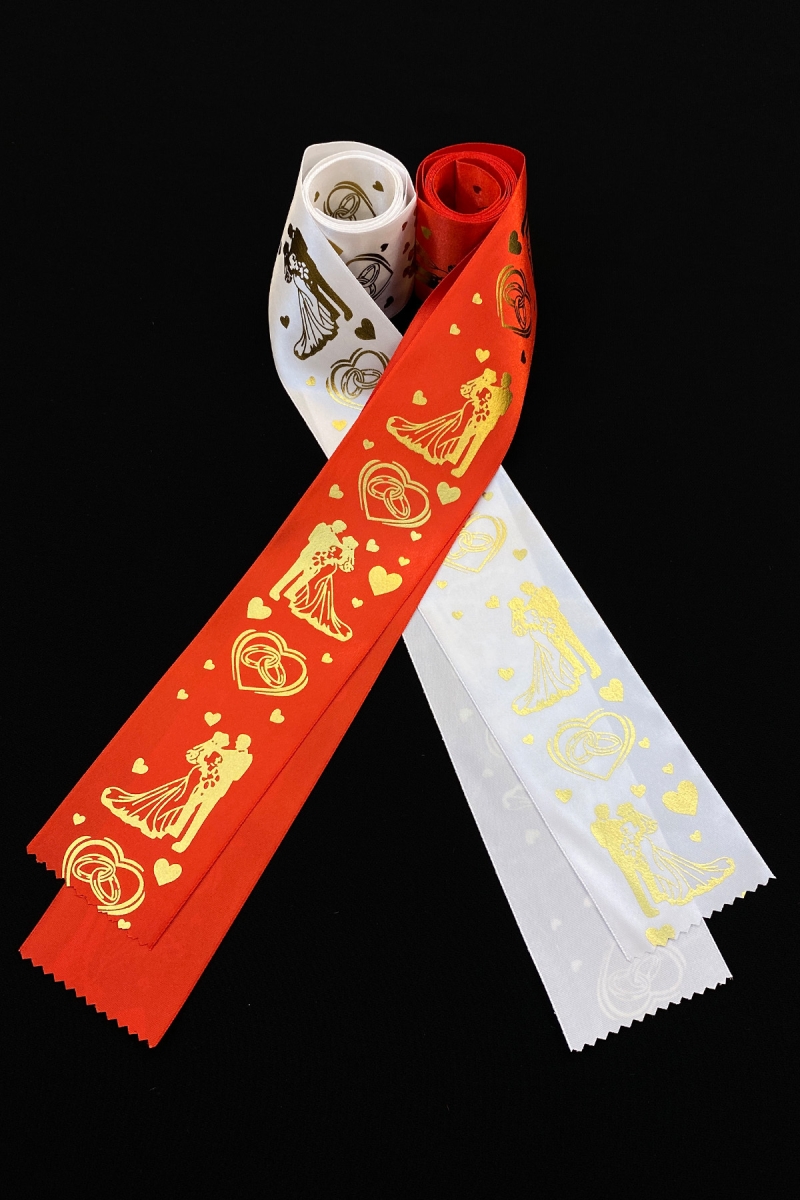 Kırmızı Beyaz Gold Baskılı, Gelin Damat Takı Kurdele, Düğün Nişan Söz Takı Kemeri