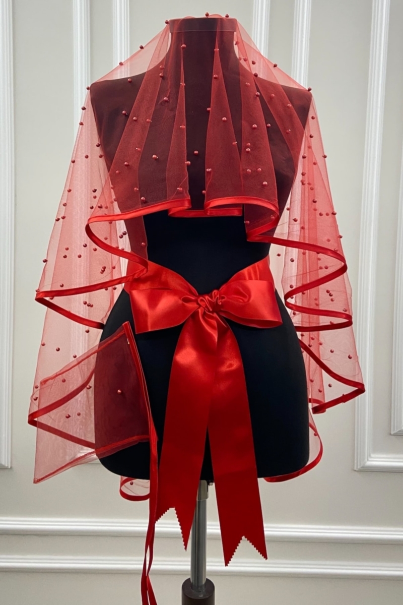 Kırmızı Biyeli Bol İncili Gelin Duvak Seti