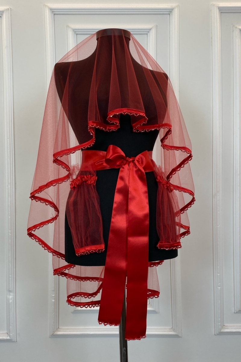 Kırmızı Biyeli Ucu Boncuklu Gelin Duvak Kuşak El Gülü Eldiven Set Kına Gecesi Yüz Örtüsü 6 Parça