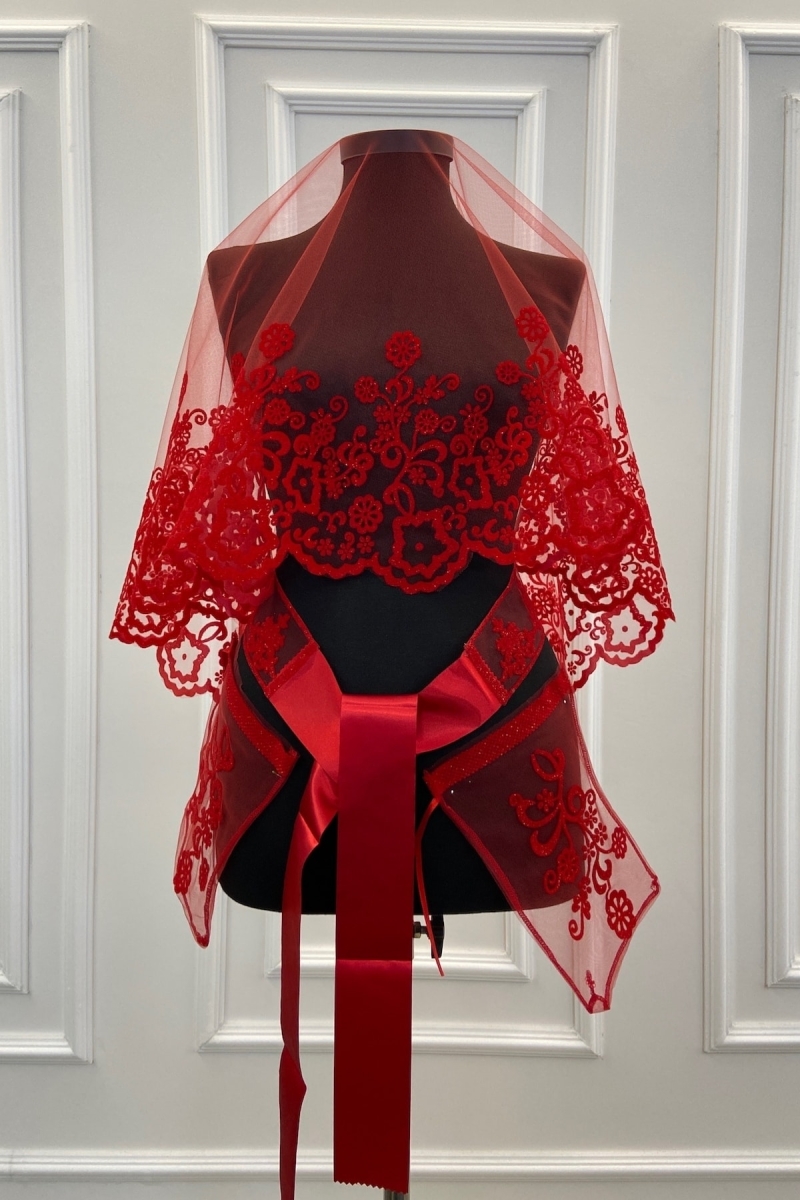 Kırmızı Çiçek Desen Flok Baskı Simli Gelin Duvak Kuşak Eldiven Set