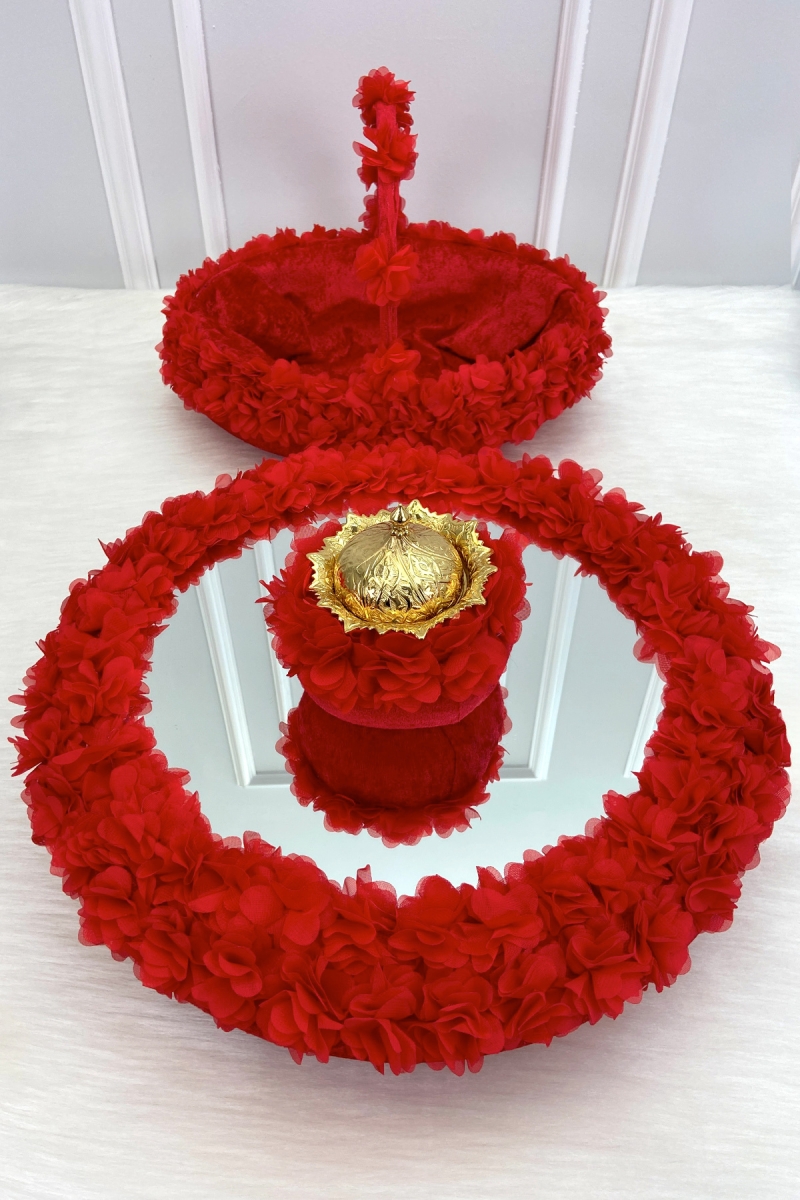 Kırmızı Çiçekli Aynalı Kadife Kına Gecesi Tepsi Sepet Gelin Takımı, Nişan Nikah Düğün Söz Sünnet