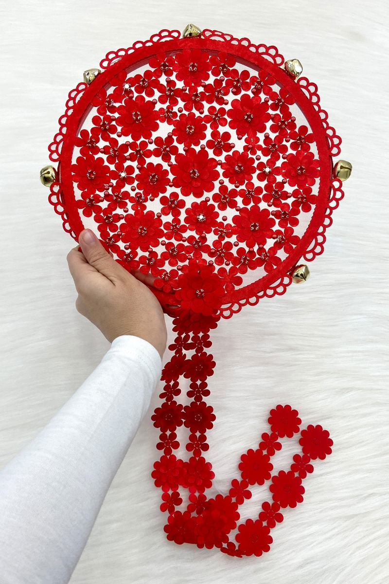 Kırmızı Çiçekli Parlak Taşlı Gelin Tefi, Düğün Kına Söz Sünnet Bekarlığa Veda Zilli 25cm, 1 Adet