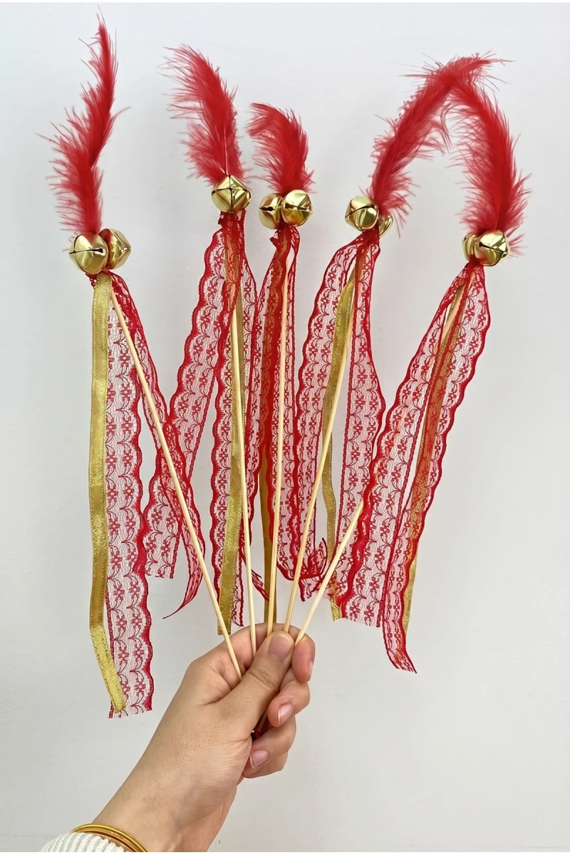 Kırmızı Çubuk Nedime Zili Tüylü, Düğün, Kına Gecesi; Sünnet, Bride, Tüy Kurdele Süslemeli 10 Adet