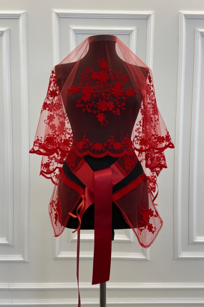 Kırmızı Dal Desenli Flok Baskı Simli Gelin Duvak Kuşak Eldiven Set