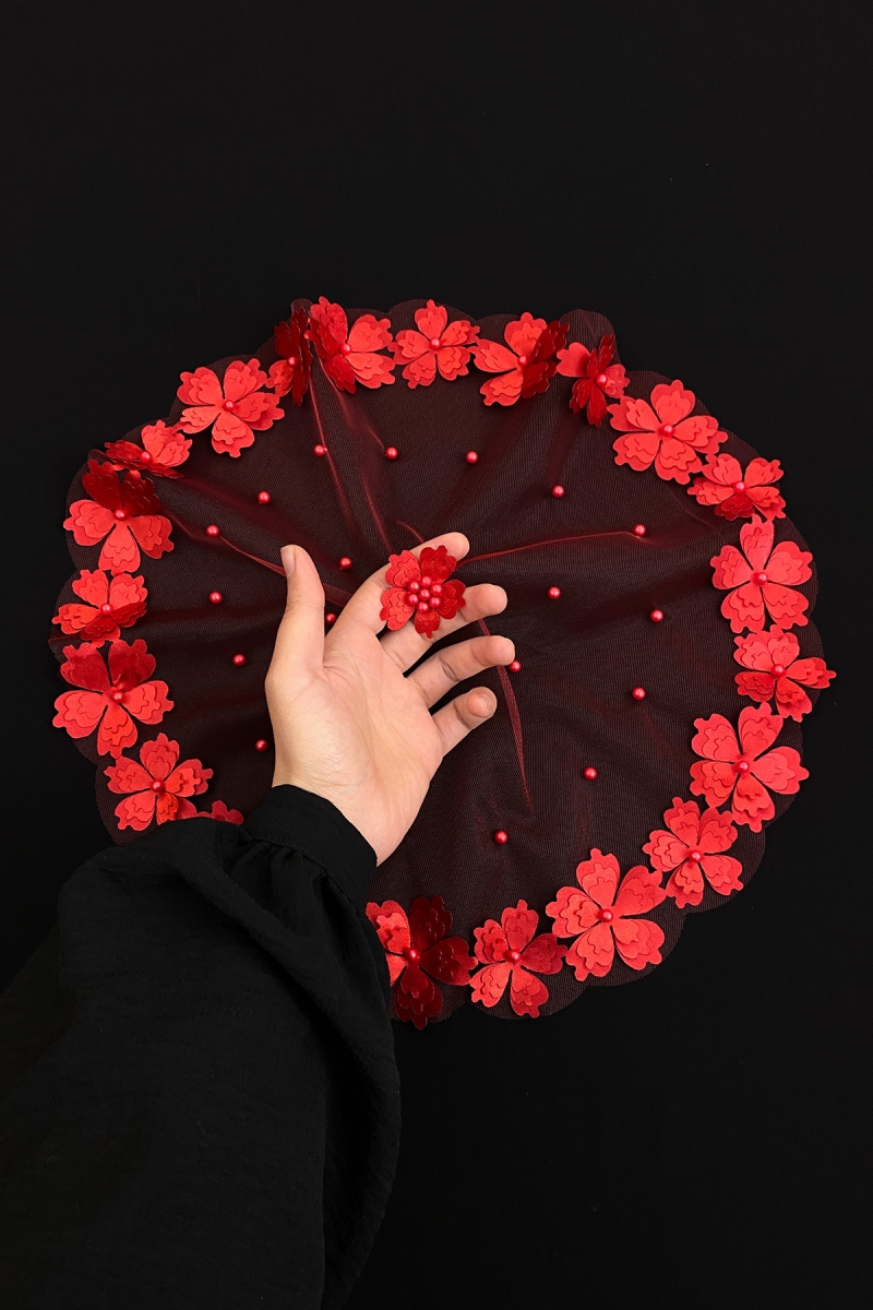 Kırmızı Gelin Damat Halay Mendili, Yonca Çiçekli Ve Incili, Düğün Kına Söz Nişan Sünnet Bride Nedime