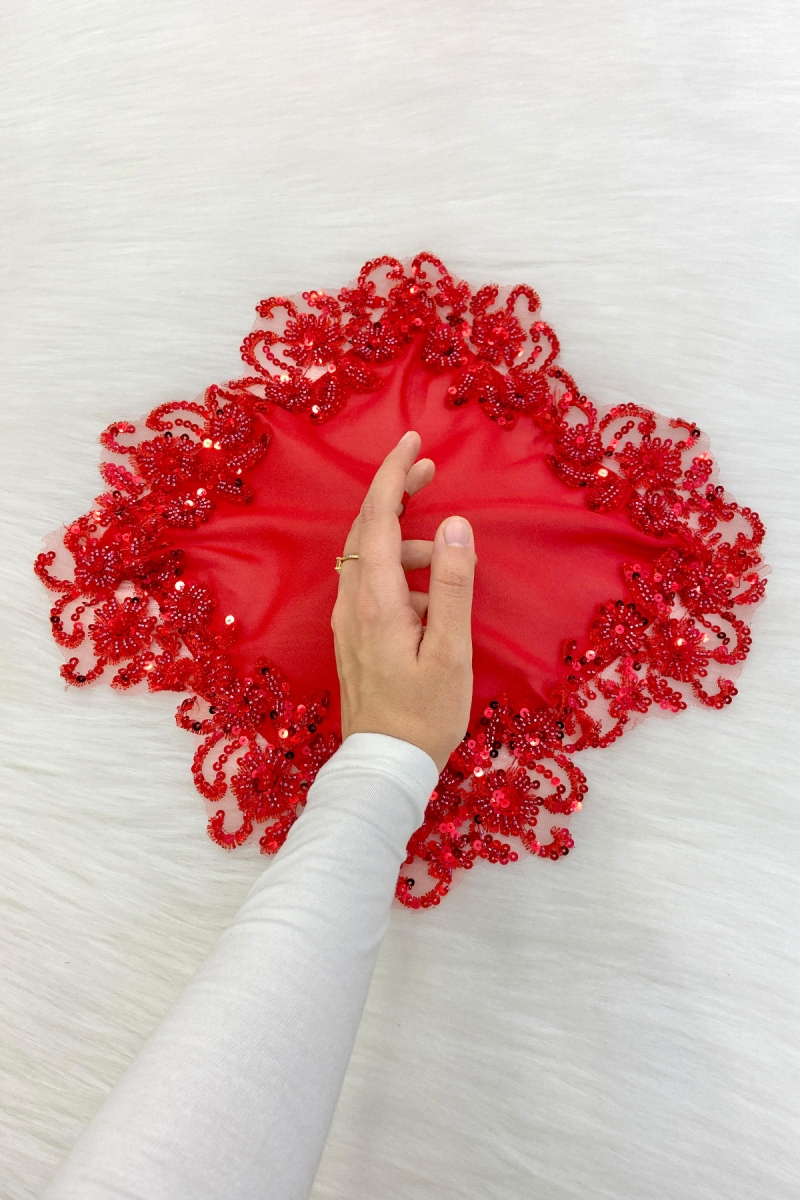 Kırmızı Gelin Damat Mendili, Halay El Mendili, Pullu Boncuklu, Düğün Kına Sünnet Söz Nişan