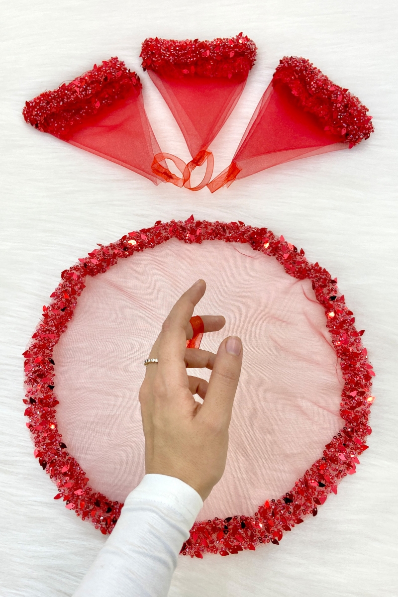 Kırmızı Gelin Damat Mendili, Halay El Mendili Pullu Boncuklu Yaprak Desenli, Düğün Kına Sünnet Nişan