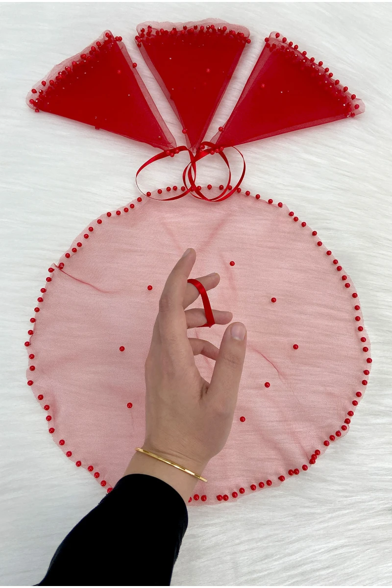 Kırmızı Gelin Damat Mendili, İnci Süslemeli, Kına Halay Düğün Nedime Sünnet Söz Nişan Bride Parti, 1 Adet