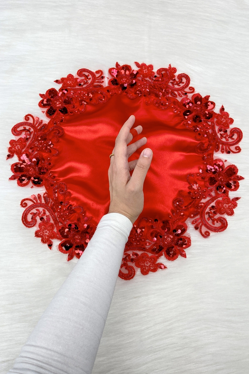 Kırmızı Gelin Damat Mendili, Işıl Işıl Pul Ve Boncuk İşlemeli, Düğün Kına Sünnet Söz Nişan Halay