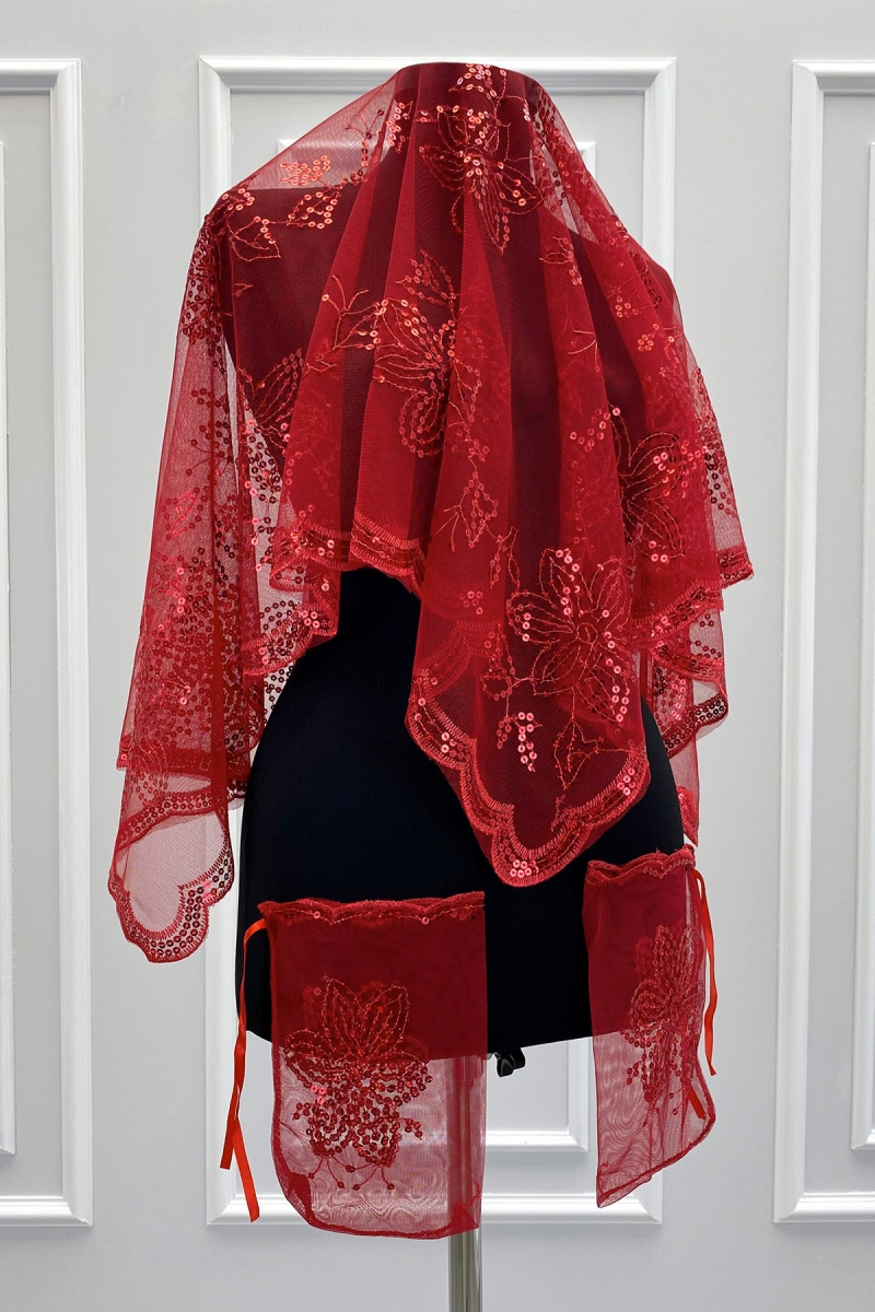 Kırmızı Gelin Damat Sağdıç Nedime Kına Gecesi Asker Omuz Örtüsü Şalı Eldivenli Pullu Çiçek Motifli