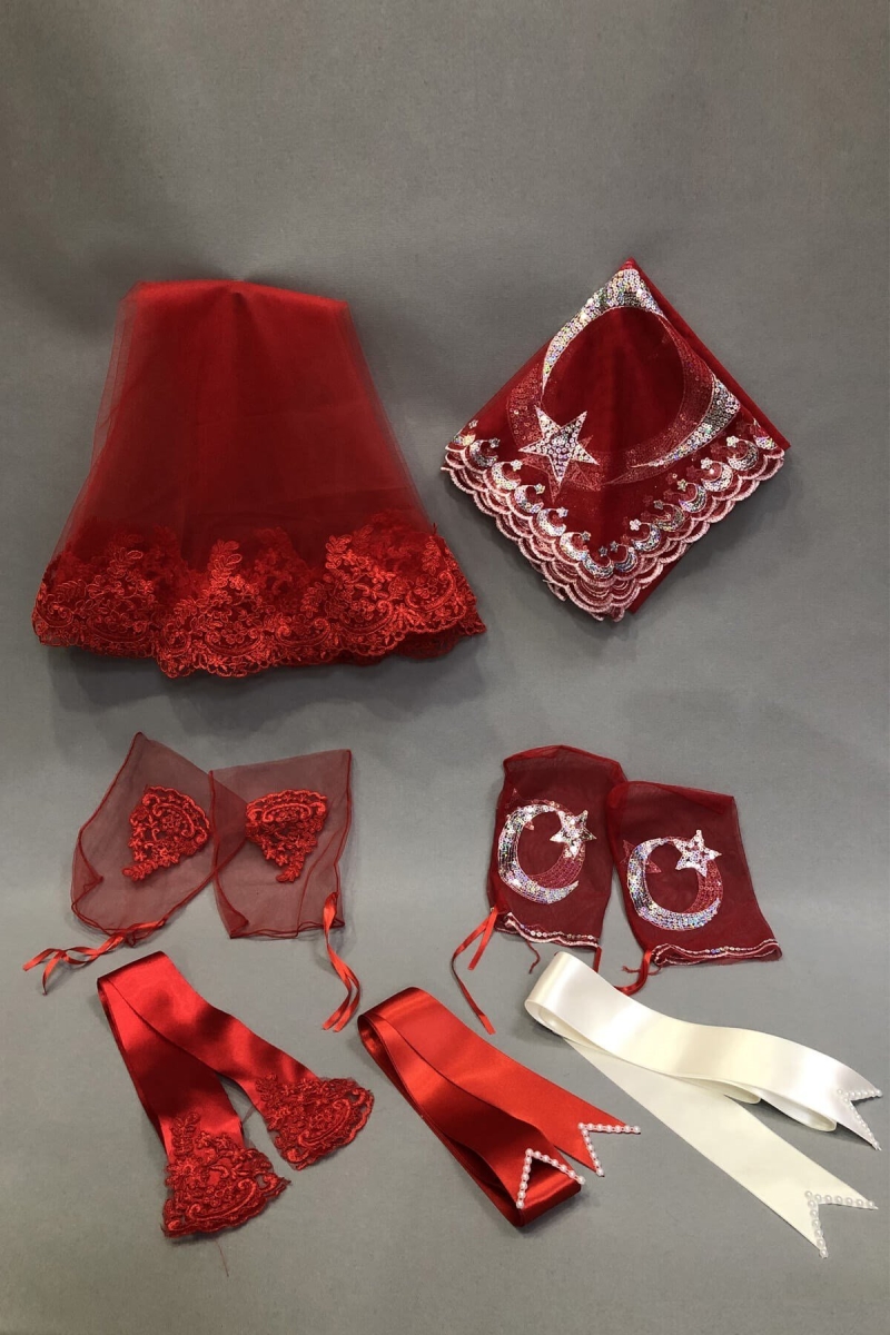 Kırmızı Gelin Duvağı Ay Yıldızlı Damat Örtüsü ve Takı Kurdele Seti