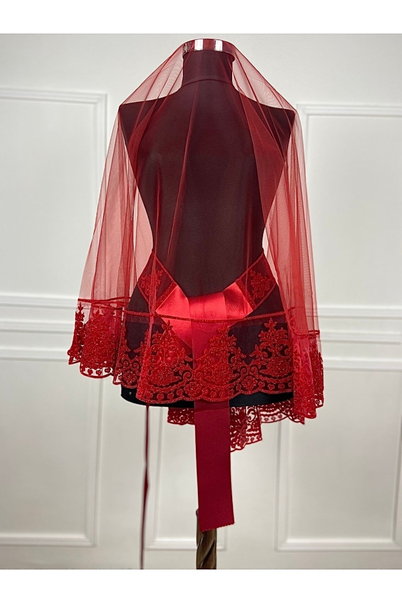 Kırmızı Gelin Duvak Kına Örtüsü Alı Seti Takımı Flok Simli