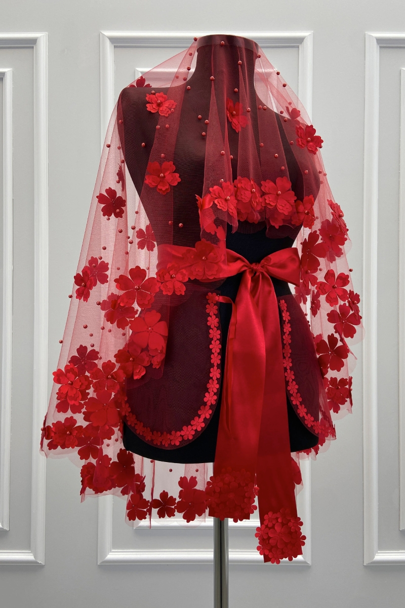 Kırmızı Gelin Duvak Seti, 3D Çiçek Ve İncili, Kına Gecesi Duvağı Yüz Örtüsü Seti 6 Parça