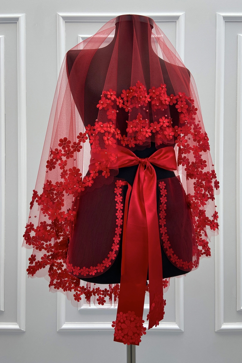 Kırmızı Gelin Duvak Seti, 3D Çiçek Ve İncili, Kına Gecesi Duvağı Yüz Örtüsü Seti 6 Parça