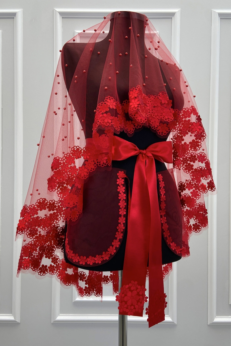 Kırmızı Gelin Duvak Seti, 3D Çiçek Ve İncili, Kına Gecesi Duvağı Yüz Örtüsü Seti 6 Parça