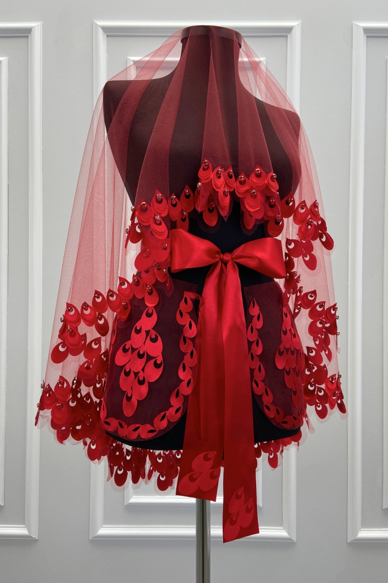 Kırmızı Gelin Duvak Seti, 3D Çiçek Ve Parlak Taş, Kına Gecesi Duvağı Yüz Örtüsü Seti 6 Parça