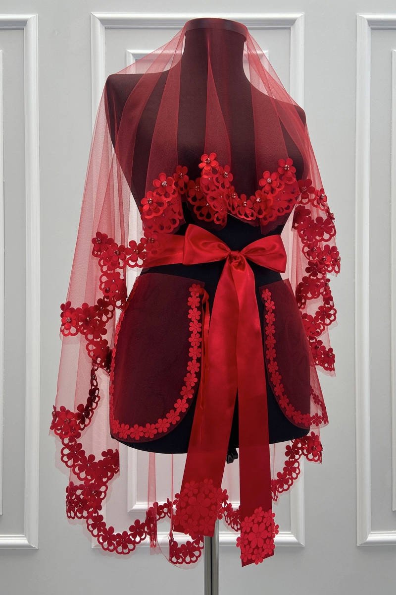 Kırmızı Gelin Duvak Seti, 3D Çiçek Ve Parlak Taşlı, Kına Gecesi Duvağı Yüz Örtüsü Seti 6 Parça