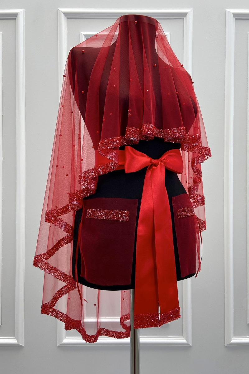 Kırmızı Gelin Duvak Seti, Cam Boncuk Ve İncili, Kına Gecesi Duvağı Yüz Örtüsü Seti 6 Parça