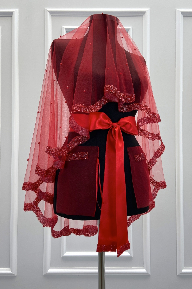 Kırmızı Gelin Duvak Seti, Cam Boncuk Ve İncili, Kına Gecesi Duvağı Yüz Örtüsü Seti 6 Parça