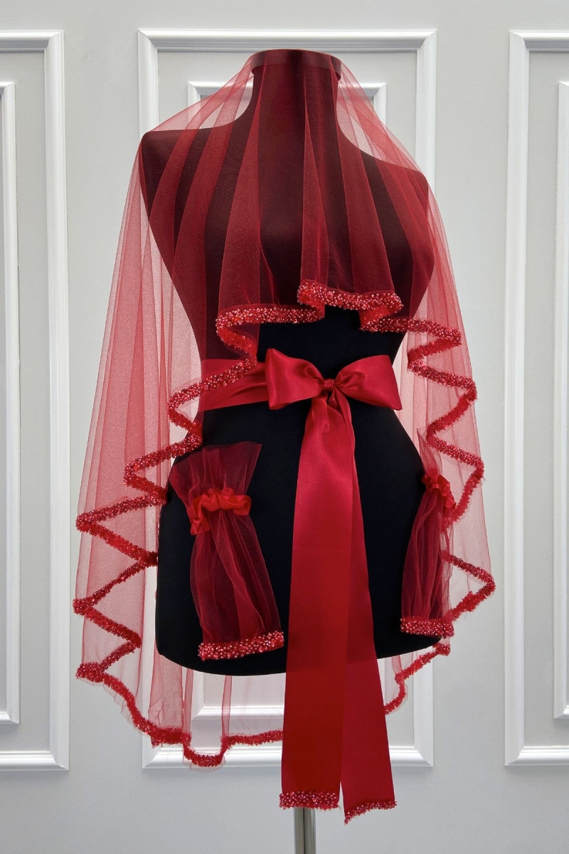 Kırmızı Gelin Duvak Seti, Cam Boncuk Ve İncili, Kına Gecesi Duvağı Yüz Örtüsü Seti 6 Parça