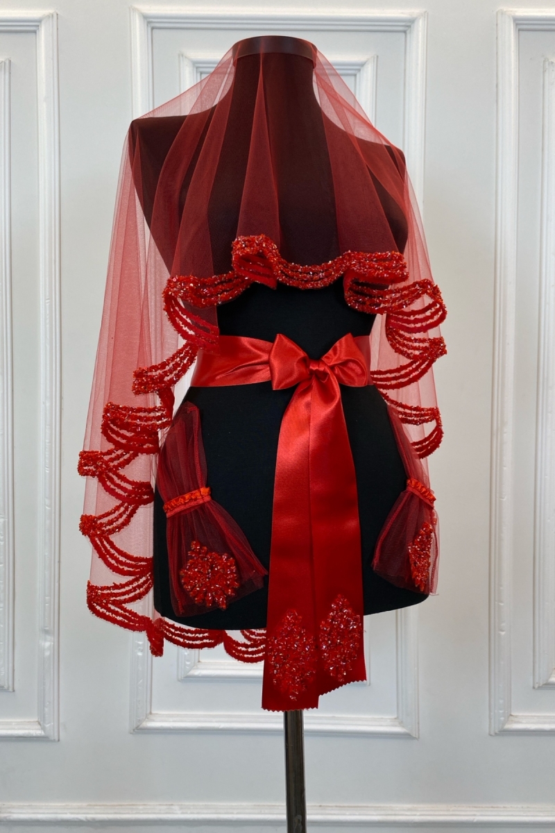 Kırmızı Gelin Duvak Seti, Cam Boncuk Ve Pul Baskılı Kına Duvağı Seti 6 Parça