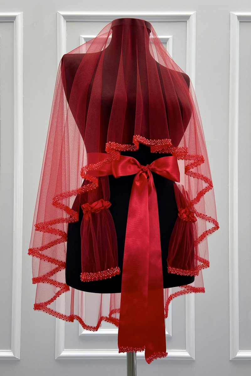 Kırmızı Gelin Duvak Seti, Cam Boncuk ve İnci İşlemeli, Kına Gecesi Duvağı Seti 6 Parça