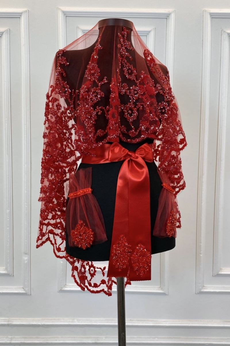 Kırmızı Gelin Duvak Seti, Cam Boncuk ve Pul Baskılı Kına Duvağı Seti 6 Parça