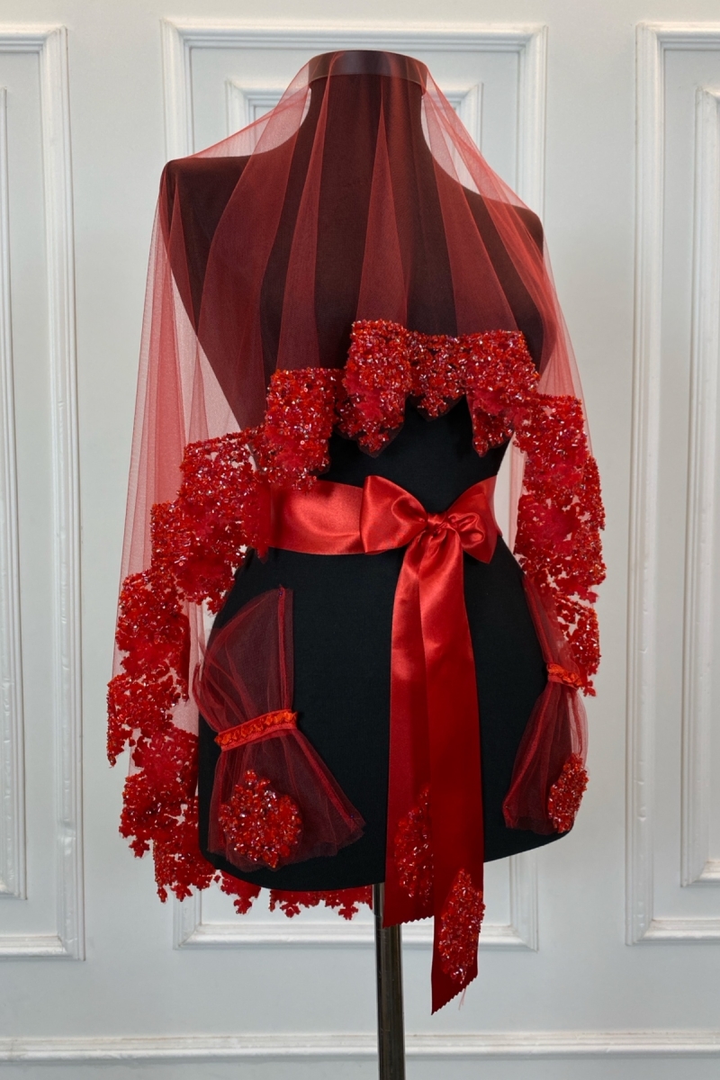 Kırmızı Gelin Duvak Seti, Cam Boncuk ve Pul Baskılı Kına Duvağı Seti 6 Parça