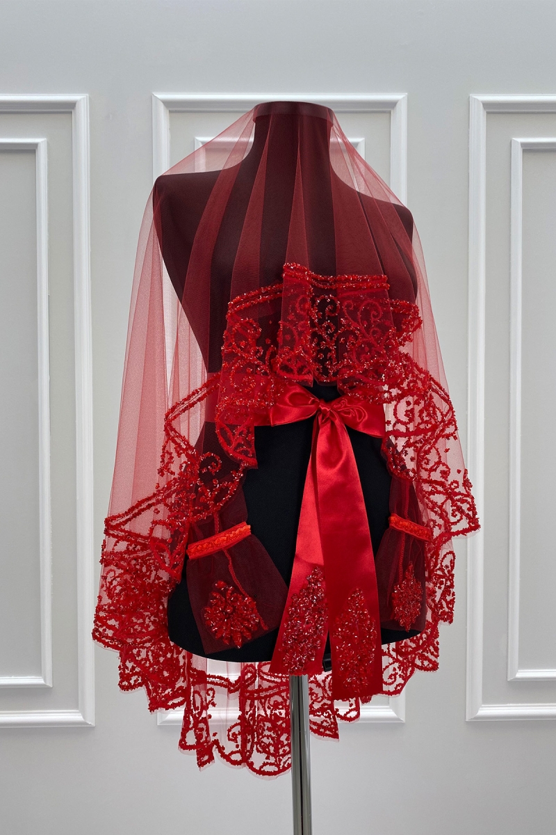 Kırmızı Gelin Duvak Seti, Cam Boncuk ve Pul Baskılı Kına Duvağı Seti 6 Parça