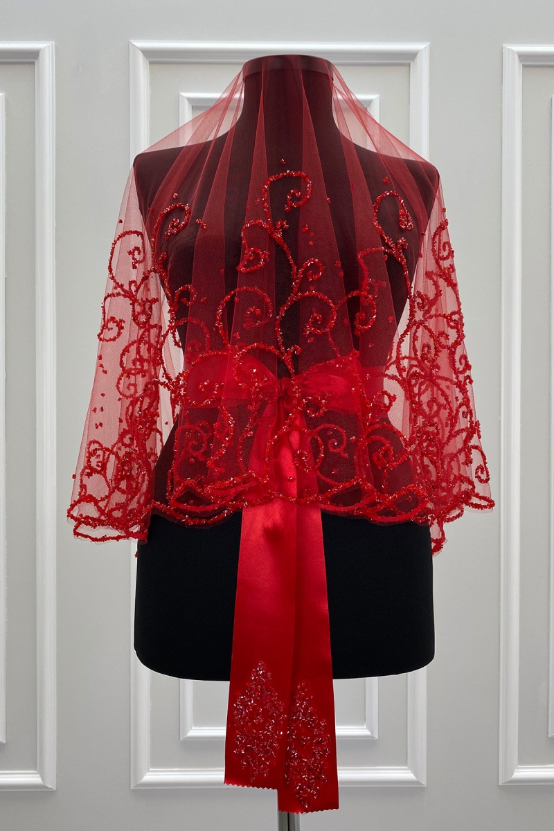 Kırmızı Gelin Duvak Seti, Cam Boncuk ve Pul Baskılı Kına Duvağı Seti 6 Parça