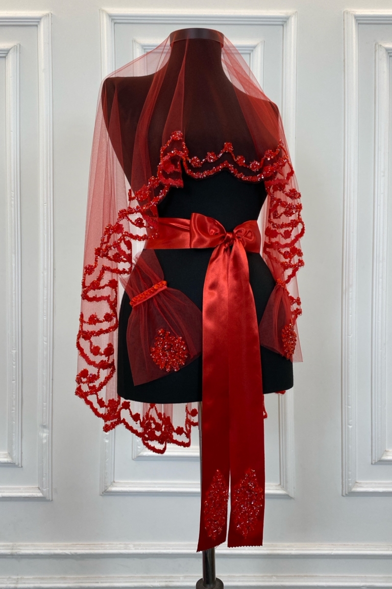 Kırmızı Gelin Duvak Seti, Cam Boncuk ve Pul Basklı Kına Duvağı Seti 6 Parça