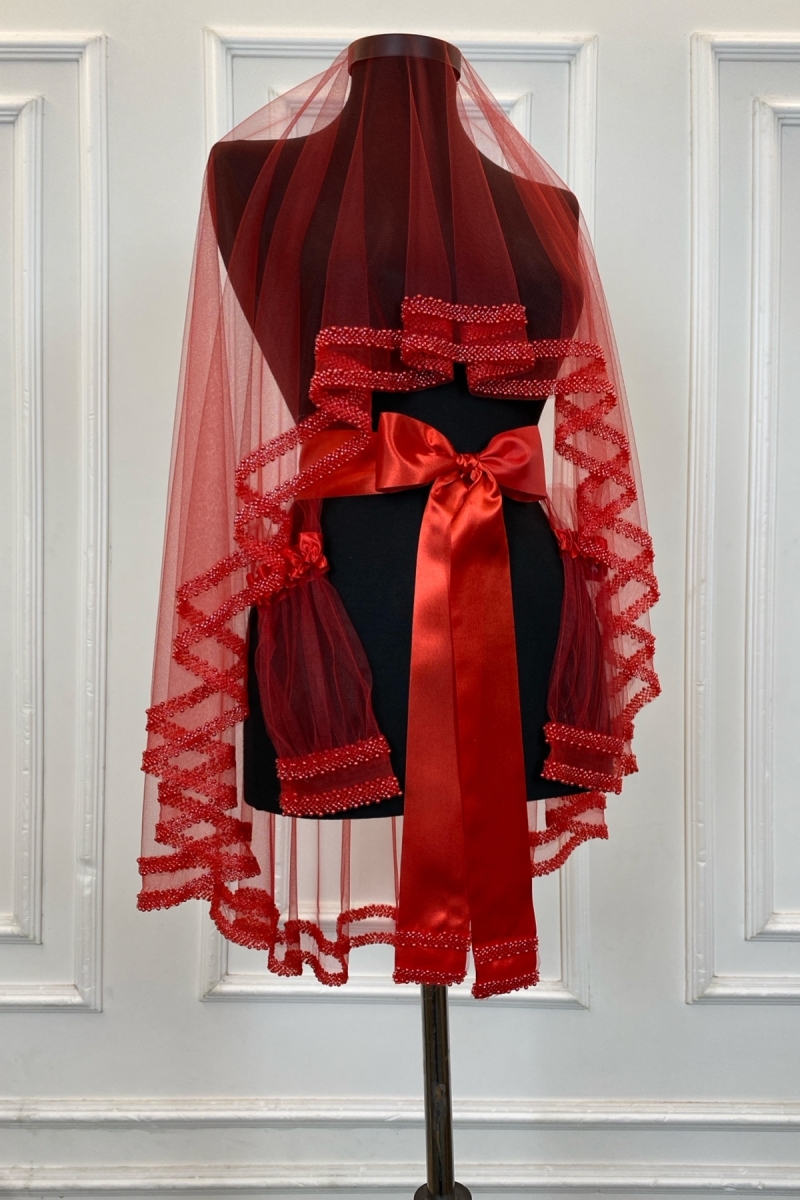 Kırmızı Gelin Duvak Seti, Çift Sıra Cam Boncuk ve İnci İşlemeli, Kına Duvağı Seti 6 Parça